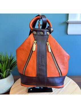 Valentina Italian Leather Shoulder Backpack Pebbled Orange Brown Many Pockets